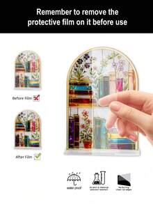 1个亚克力书架阳光捕捉器，2D打印复古图书馆花卉书堆装饰，美观书虫桌面摆件，透明防水防刮书架造型舒适阅读角装饰，文学主题房间装饰，毕业/生日礼物 - 款式A - 查看 10