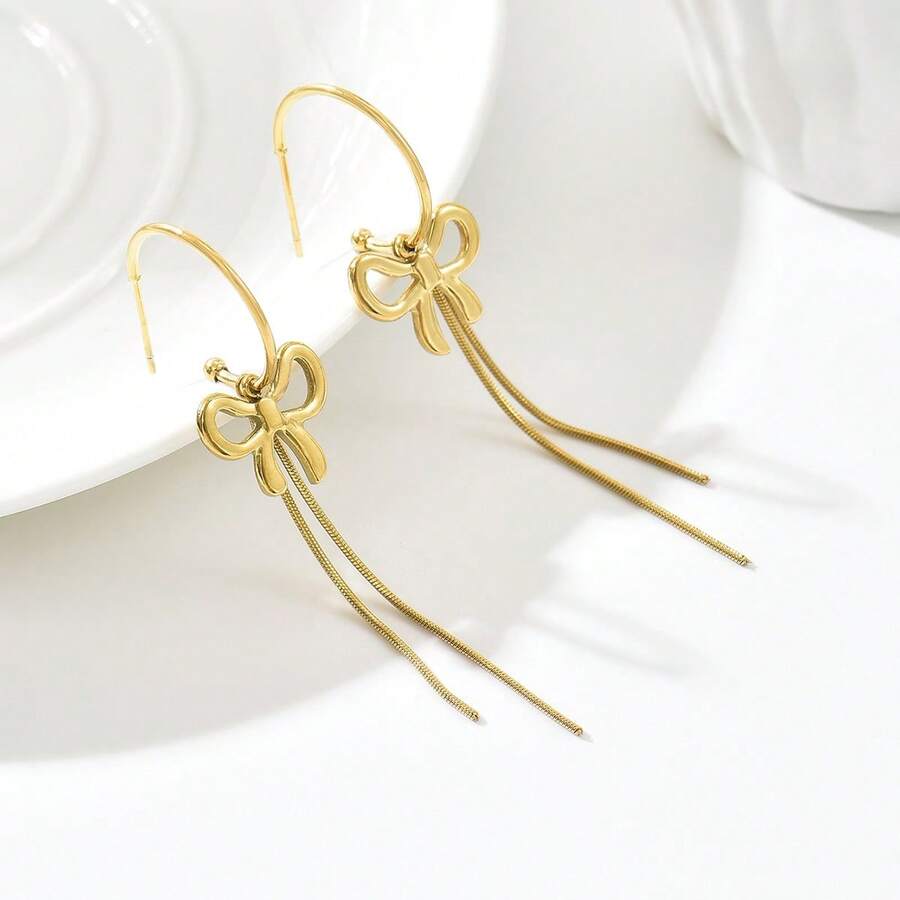 1对时尚经典百搭水滴耳环，不锈钢蝴蝶结流苏耳环，适合女性日常及约会佩戴 - 金色蝴蝶 - 查看 1