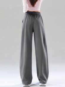 JUTU Spring & Autumn Ash Gray & Pink Women's Commuting & Outdoor Retro High-Waisted Wide-Leg Casual Pants With Drawstring And Printed Design - 1A71 Ash Mix - 1182 Powder - View 4