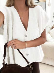 Áo vest dệt kim cổ chữ V trơn, cài nút bất đối xứng, dáng rộng, thanh lịch, thích hợp mặc hàng ngày bốn mùa, áo thời trang nữ, trang phục đi nghỉ mát, trang phục mùa hè cho nữ, màu trắng. - trắng - Xem 3