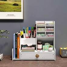 1pc Large Capacity White Desktop Bookshelf, Slanted Pen Holder, Multi-Function Pen Cup, Minimalist Drawer-Style Office Stationery Storage Box, Desktop Marker Pen Organizer Rack, Back To School Essential - White - View 14