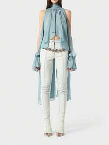 Awevudst Women's Split Bishop Sleeve Flowy Chiffon Blouse Mock Neck Tie Back Dressy Sheer Crop Long Tops Fashionable Petal Sleeve Y2k Loose Fit Asymmetrical Shirt Casual Summer Top Party Club Nigh Wear Going Out Tops Vacation Outfits Women - Màu xanh lam - Xem 6
