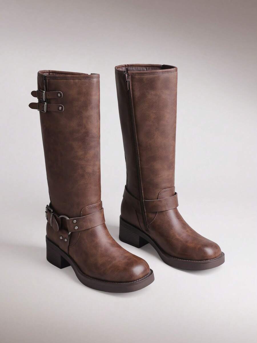 Women's Square Toe Motorcycle Boots Side Zipper Knee High Boots Chunky Low Heel Buckle Decorated Fashion Casual Riding Boots Festival Woman Shoes - màu nâu - Xem 1