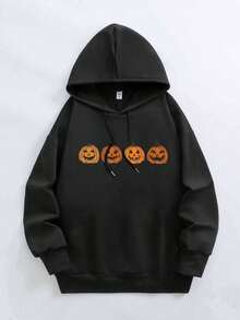 Sudadera con capucha de manga larga casual con estampado de calabaza, talla grande, para mujer - Negro - Ver 2