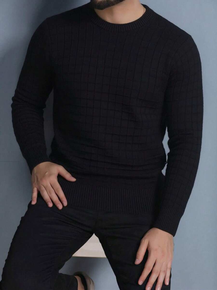 Men's Plain Square Knit Sweater, Round Neck, Long Sleeve, Thick Wool Sweater. - Black - View 1