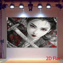 1件装女性武士动漫挂毯 - 大型黑白武士持刀图案，红色树叶背景，文字 - 易于悬挂，适用于家居装饰、主题派对、拍照背景 - 彩色 - 查看 4