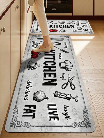 1 件复古风格厨房地垫，以“烹饪与生活”为主题，做旧奶油色底，黑色手绘图案，呈现质朴的美式乡村风格。厨房地毯、厨房垫、厨房地垫、门垫、小地毯、地毯、走廊地毯、地板垫、家居装饰、区域地毯、户外地垫、卧室地毯、可水洗地毯
