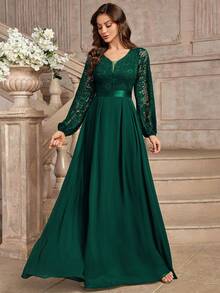 MIUSOL Đầm dạ hội maxi ren hoa thanh lịch, cổ chữ V sâu, tay phồng, viền bèo nhún. - Màu xanh lá cây đậm - Xem 7