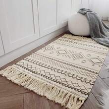 1pc Handmade Woven Tasseled Rug, Vintage Geometric Pattern Linen Bedroom/Living Room Decor Carpet, Bohemian Retro Geometric Lime Washable Linen Rug - Multicolor - View 16