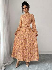 Spring Fall Floral Print Stand Collar Dress Women's Long Sleeve Zipper Front Self-Tie Waist Pleated Midi Dress - 黃色 - 查看 1