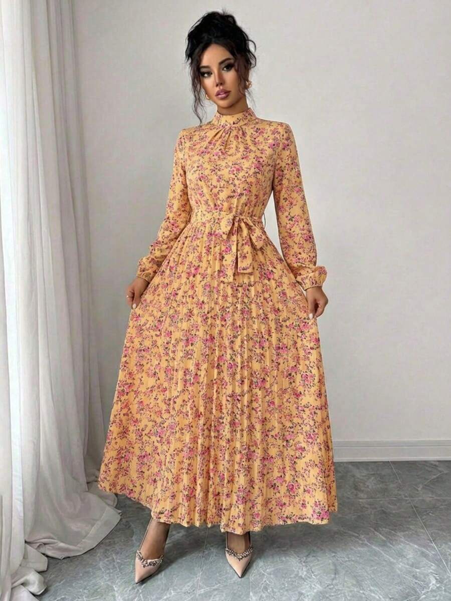 Spring Fall Floral Print Stand Collar Dress Women's Long Sleeve Zipper Front Self-Tie Waist Pleated Midi Dress - 黃色 - 查看 1