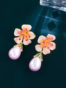 1 Pair Gold Plated Multicolor Cubic Zirconia Long Pearl Dangle Flower Drop Earrings, CZ Jewelry Accessories For Brides, Bridesmaids, Wedding, Engagement, Party, Prom, Daily Wear, Gift For Ladies, Girlfriends, Wife - Multicolor - View 11