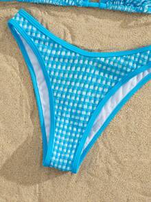PEPPERMOLLY Bộ bikini đi biển mùa hè 2026 - Đồ bơi nữ màu hồng kẻ caro cạp cao gợi cảm với họa tiết xếp ly độc đáo | Chất liệu mềm mại, thoải mái, giúp định hình vòng bụng, phù hợp cho bơi lội, đi biển và kỳ nghỉ. - màu xanh hồ - Xem 8