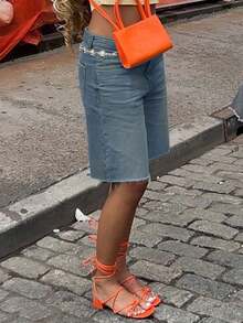 Quần short denim Bermuda dáng rộng dài đến đầu gối, rách nhẹ, có túi, phong cách vintage Y2K, thoải mái, thích hợp cho các lễ hội âm nhạc và trang phục thường ngày mùa hè. - Màu xanh lam - Xem 4