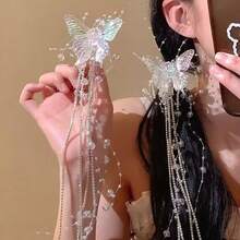 2pcs Crystal Butterfly Tassel Hair Clips, Suitable For Brides, Holidays, Photo Shoots, Gifts - White - View 1