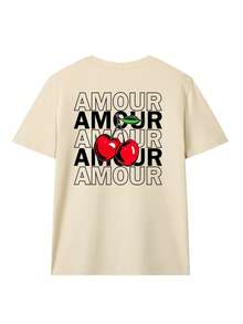 Áo thun nữ dáng rộng "AMOUR" in hình quả anh đào, cổ tròn, tay ngắn, kiểu dáng rộng rãi thoải mái, phù hợp cho mùa hè, phong cách lãng mạn, phong cách Y2K, du lịch sa mạc, mùa lễ hội, đi biển, trang phục đi nghỉ mát. - Màu be - Xem 3