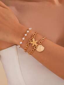 Ocean Vacation Style Starfish And Scallop Pendant Necklace. Multi-Layered Stacked Metal Chain Necklace & Bracelet. - Multicolor - View 10