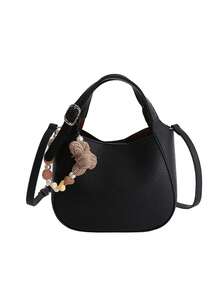 Fashionable Solid Color Retro Multifunctional Handbag, Niche Design Simple Texture Daily Crossbody Bag, Large Capacity Shoulder Bag With Flower Pendant, Suitable For Shopping, Commuting, Daily Outdoor Work Matching, Etc - Black - View 8