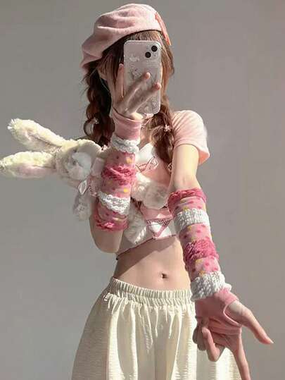 1 Pair Pink Cute Bubble Sleeve, Sweet Y2K Girly Lolita Arm Warmers