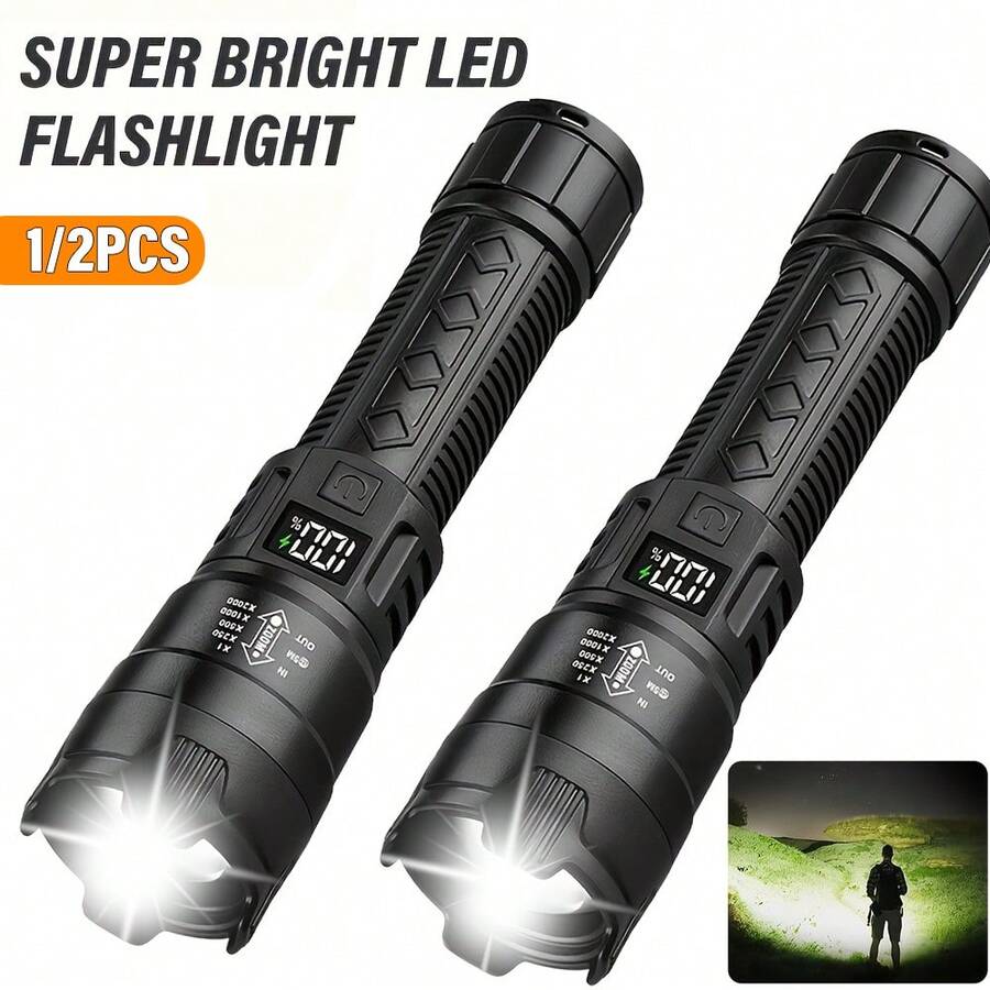 LiHangStar 1/2pcs Rechargeable LED Flashlight Set, Portable Flashlight With Zoom Adjustment And Battery Indicator, 3 Lighting Modes For Outdoor, Camping, Work And Emergency Use