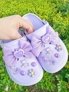 12pcs Purple Bow Heart Shaped Teddy Bear & Butterfly DIY Shoe Clips, Detachable Shoe Decorations Suitable For Sandals, Garden Shoes, Slippers, Etc. 2pcs Bow - Purple - View 6