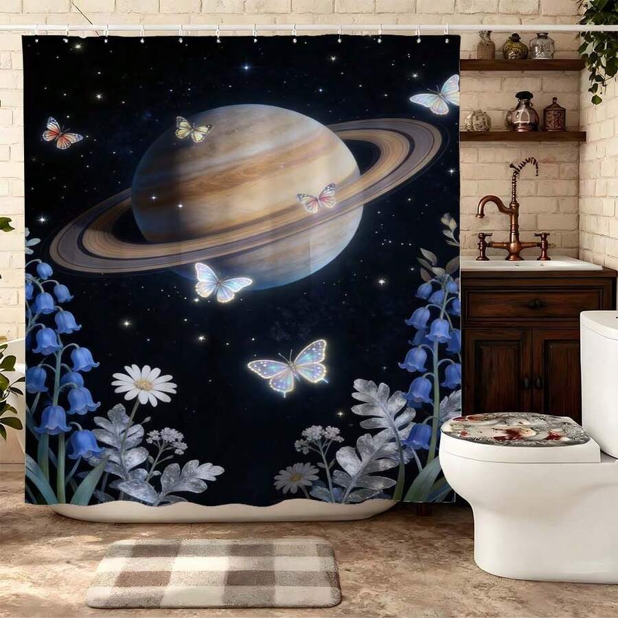 土星蓝蝴蝶浴帘，闪耀的星球上点缀着虹彩蝴蝶和风铃草，宇宙背景，防水涤纶材质，带挂钩，太空奇幻主题浴室装饰，梦幻星空风格卫生间装饰礼品 - 藍白 - 查看 1