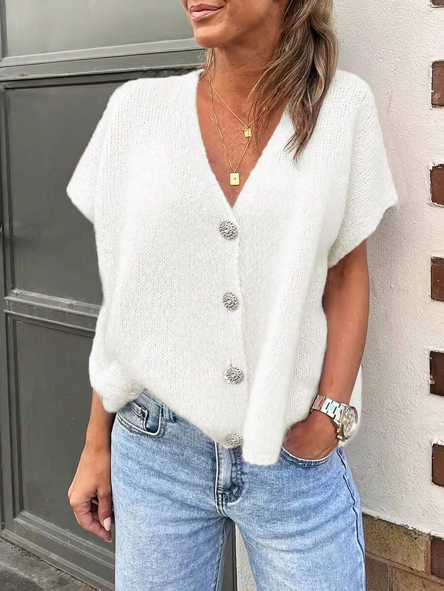 Áo vest dệt kim cổ chữ V trơn, cài nút bất đối xứng, dáng rộng, thanh lịch, thích hợp mặc hàng ngày bốn mùa, áo thời trang nữ, trang phục đi nghỉ mát, trang phục mùa hè cho nữ, màu trắng. - trắng - Xem 1