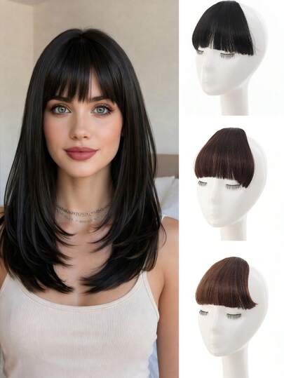 Synthetic Fiber Air Bangs Wig, Invisible Clip-On Style, Comic Book Style Bangs, Front Hair Replacement, Ultra-Thin Inward Curl, Invisible, Natural, Youthful, Light French Bangs For Everyday Styling.