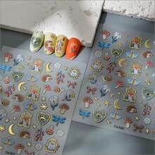 春日镀金森林动物刺猬狐狸蘑菇瓢虫可爱花卉蜻蜓野生水果3D浮雕美甲贴纸，DIY美甲必备 - 彩色的 - 查看 2