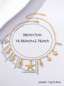1 Stück Vintage Boho Strandstihl Halskette, dekoriert mit Seestern, Muschel, Schildkröte und Multi-Anhänger Design, mehrlagige Choker Halskette, Party Urlaubsgeschenk, vielseitiges Accessoire - Goldgelb - Übersicht 5