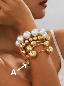 1/5 piezas Brazalete elástico exagerado vintage de oro/perla macizo, accesorio de playa para mujer adecuado para citas, sesiones de moda, vacaciones, joyería decorativa de encanto como regalo - Amarillo Oro - Ver 12