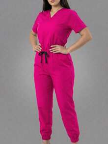 Conjunto uniforme médico quirúrgico set 2 piezas dama mujer manga corta cuello v pantalón jogger resorte cordón cómodo - Rosa Fucsia - Ver 5
