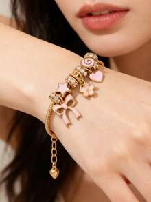 1pc Women's Gold Fully Paved Butterfly, Heart & Lollipop Beaded Adjustable Daily Wear Bracelet - Gold - View 5