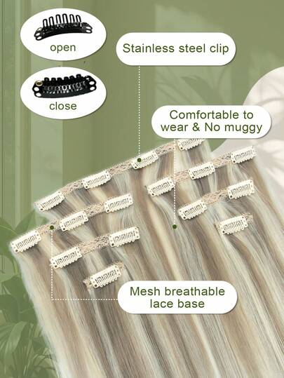 Seamless Invisible PU Skin Weft Clip In Hair Extensions -Brazilian Virgin Human Hair Straight Sandy Brown With Cool Blonde Highlights Natural Black Bundles For Women Y2K Pop-Up Highlights For Wedding Festival Cosplay & Valentines Day Gift Halloween Goth Hair Accessories Bride Makeup Holiday Essentials Travel Self Care