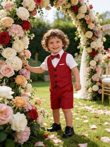 3pcs Boys' Summer Casual Gentleman Outfit Set - Solid Color Vest + Shorts + Bow Tie - Red - View 1