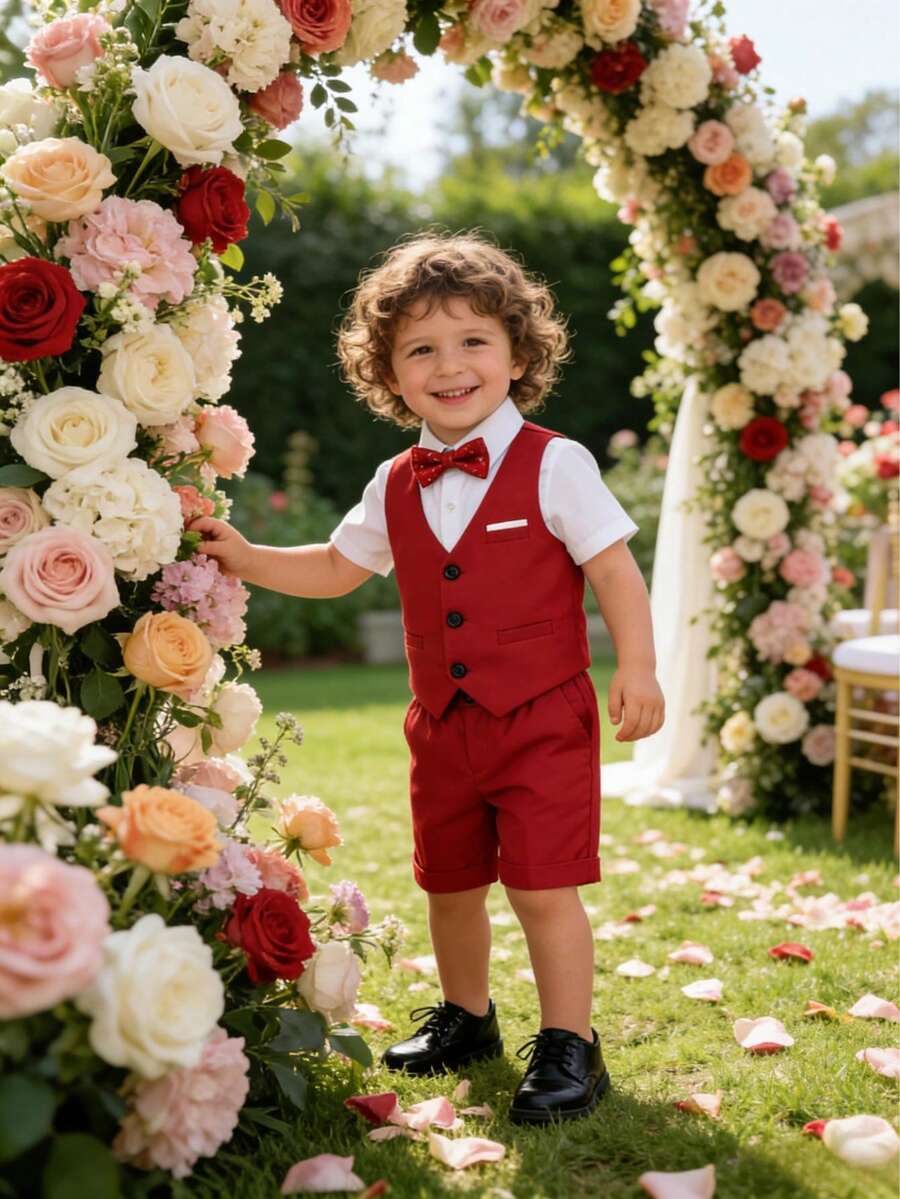 3pcs Boys' Summer Casual Gentleman Outfit Set - Solid Color Vest + Shorts + Bow Tie - Red - View 1