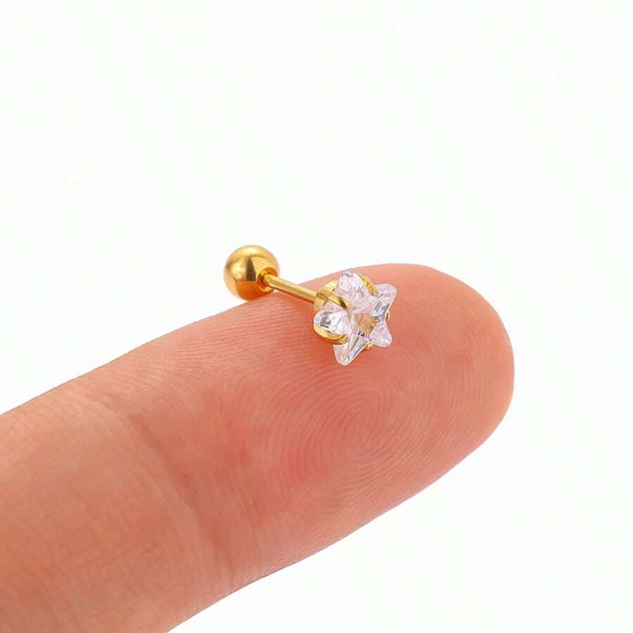 1对3毫米极简主义小众百搭星形锆石不锈钢耳骨耳环 - 金黃色 - 查看 1