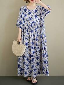 AZAH 2026 大码热带花卉印花 A 字长裙，短蝙蝠袖，圆领，带口袋，波浪蓝色花朵图案，女士长裙。这款休闲大码 A 字连衣裙采用圆领和蝙蝠袖设计，适合日常穿着，舒适百搭。度假优雅夏季之选。 - 藍色 - 查看 1