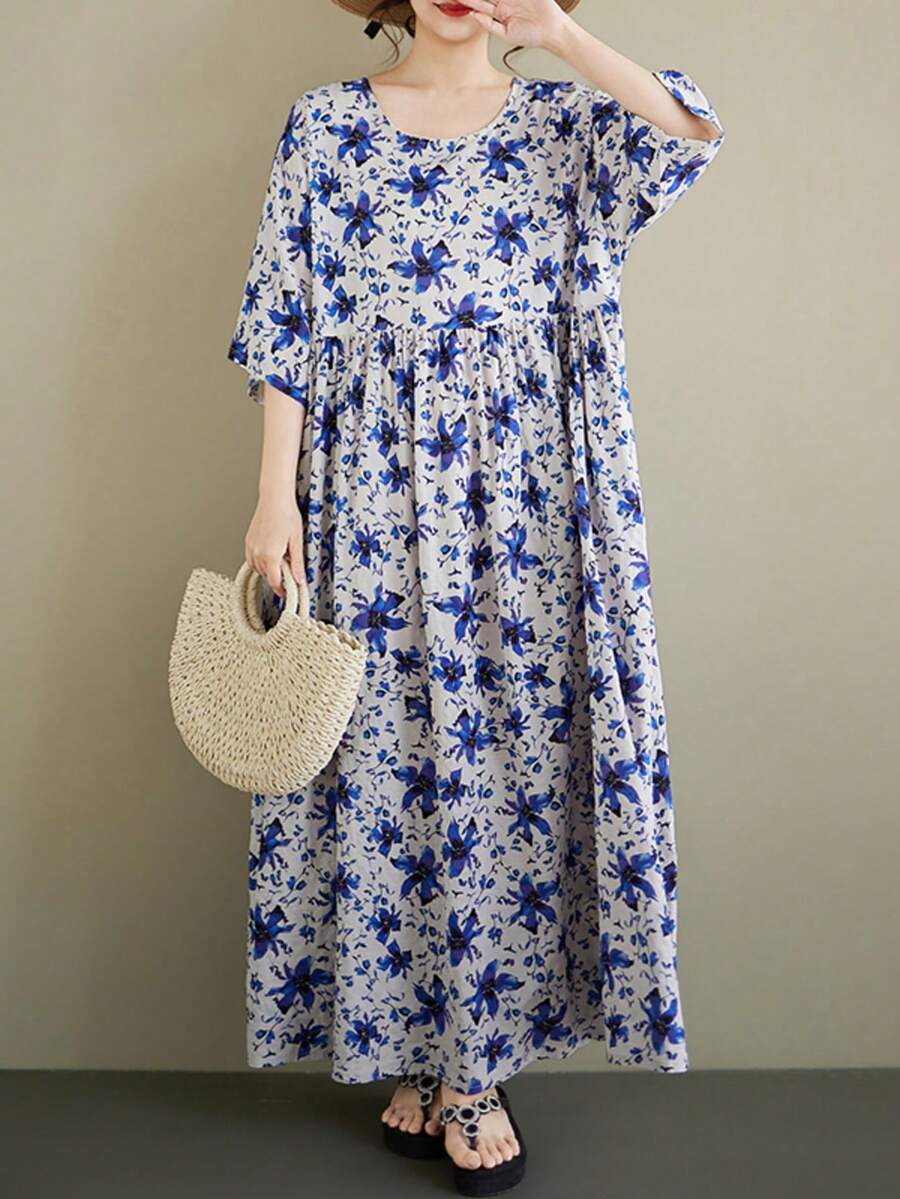 AZAH 2026 大码热带花卉印花 A 字长裙，短蝙蝠袖，圆领，带口袋，波浪蓝色花朵图案，女士长裙。这款休闲大码 A 字连衣裙采用圆领和蝙蝠袖设计，适合日常穿着，舒适百搭。度假优雅夏季之选。 - 藍色 - 查看 1