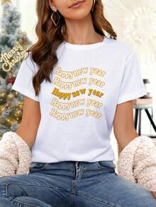 定制女式T恤，女式短袖T恤，可输入文字、标语、趣味字母、祝福语等，定制您专属的短袖T恤，趣味礼物，惊喜礼物，休闲女式外套，运动户外，女式运动服，植绒印花，适合外出/购物/节日/派对/聚会/旅行，白色夏季款 - 白色 - 查看 3