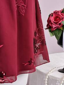 Elegant Women Summer Mini Skirts Sequin Flower Embroidery Elasticized Waistband Low Waist Vintage Romantic Fashion Casual A-Line Skirt Rave Music Festival Country Concert Going Out Party Outfits Spring - Burgundy - View 5