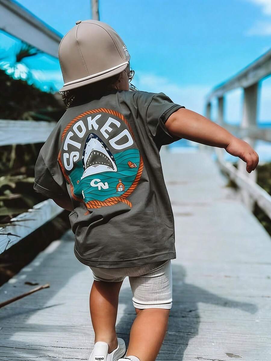 1pc Young Boys Casual Printed Round Neck Short Sleeve T-Shirt, Summer Student Wear - A And Versatile T-Shirt That Brings Joy And Happiness To Every Child! - Dark Grey - View 1