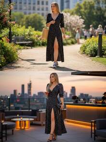 Vestido largo con abertura sexy en pierna de lunares y animal print   Lunares    Casual  Sencillo  Sexy  Fiesta    Tela    Abertura  Asimétrico    Noche de fiesta  Vacaciones  Boda  Vacación  Diario  Tener una cita  Sesión de fotos  Calle    primavera-verano otoño-invierno - Negro lunares - Ver 7