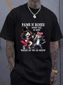 Camiseta Gráfica Vintage de Banda de Rock con Gatos para Hombre - Camiseta Retro Punk Rock con Estampado de Huellas de Gato, Negra, Corte Regular para Amantes de los Gatos y Fanáticos de la Música - Lavable a Máquina, Ropa Urbana para Uso Diario, Camisetas de Banda de Rock, Ropa para Fanáticos de la Música, Camiseta con Temática Divertida, Cuello Redondo Clásico, Ropa Casual, Ajuste Cómodo, para Entusiastas de la Moda Urbana - Negro - Ver 1