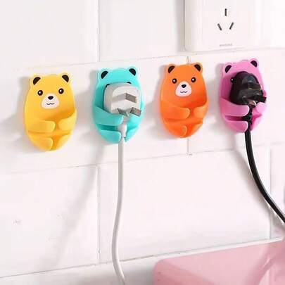 4pcs Cute Cartoon Mixed Color Teddy Bear Hooks - Wall Mounted Power Socket Holder - Strong Adhesive Cable Organizer, Easy Installation Kitchen Socket Storage Hooks, Fashionable Plastic Design, Yellow, Orange, Pink And Blue, Suitable For Home And Office, Practical Hooks, Plastic Material