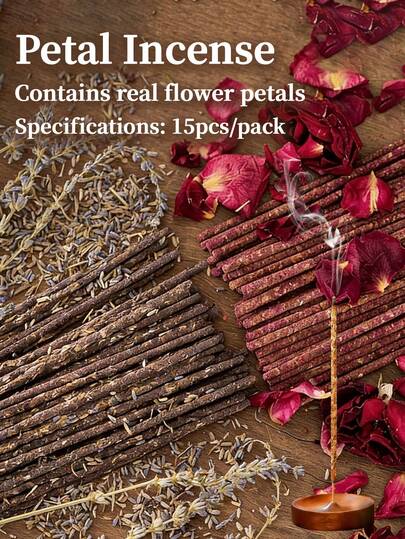 Set de 15 palitos de incienso con aroma floral, de rosa, osmanto, jazmín, salvia, lavanda, hechos con ingredientes naturales que contienen pétalos de flores, fragancia duradera, adecuado para el Ramadán, recibir invitados, meditación, purificación del aire y talla grande
