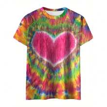 A Vibrant Tie-Dye Heart Graphic Tee For Plus-Size Women, Featuring Short Sleeves And A Crew Neck. This Casual Top Is Perfect For Outdoor Activities And Everyday Wear During Spring And Summer, Offering A Relaxed Fit And Playful Design For Comfort - 彩色 - 查看 2