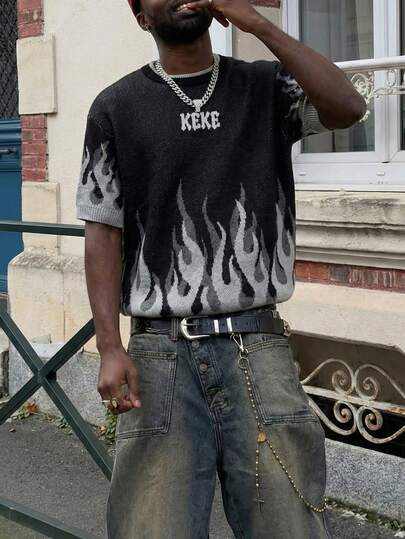  Áo len nam cổ tròn tay ngắn Andreilee, chất liệu jacquard họa tiết ngọn lửa phối màu tương phản, phong cách đường phố, thường ngày, thích hợp cho hẹn hò.
