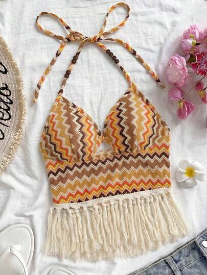 Áo croptop nữ phong cách Boho họa tiết zigzag, cổ yếm, nhiều màu sắc, dây buộc đính hạt, viền tua rua, dáng ngắn.