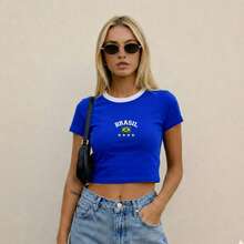 Cropped T-Shirt Brazil World Cup Flag Print - 藍色 - 查看 1